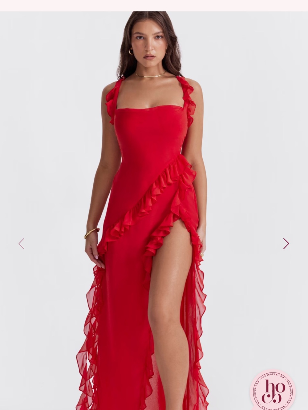House of CB Red Ruffle-Trim High-Slit Maxi Dress